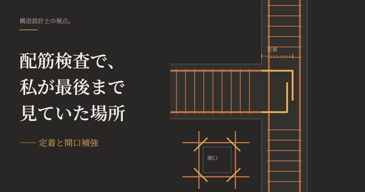 梁の鉄筋が柱の中に定着する様子と、開口まわりの補強筋を描いた図